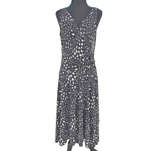 Jones New York Black White Faux Wrap Dress SZ 12 Stretch Maxi V Neck Ruched Ring